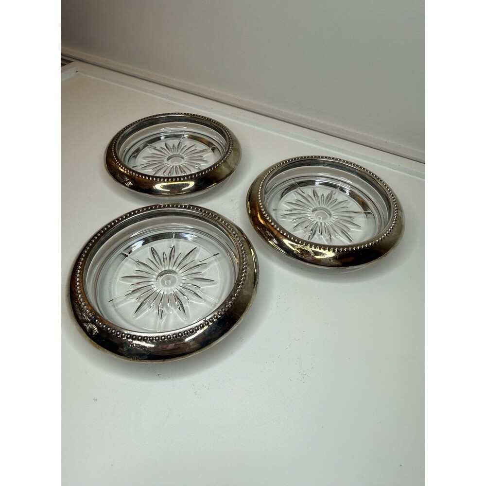 Set of 3 Vintage W&S Blackinton Glass Coasters Silver Rim Starburst Mid Century